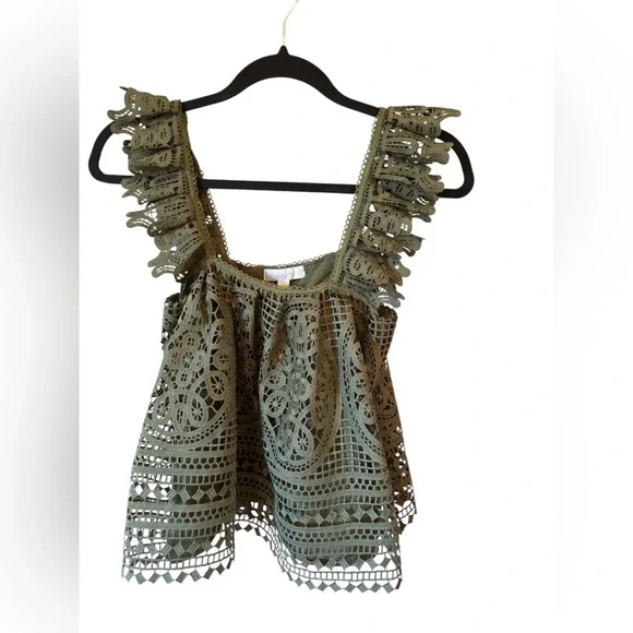 Anthropologie Eri + Ali Olive Ruffled Eyelet Lace Tank Top XS Cottagecore Boho - Picture 3 of 11